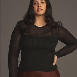 Anthropologie Black Sheer Upper Long Sleeve Ribbed Knit  Lightweight Sweater